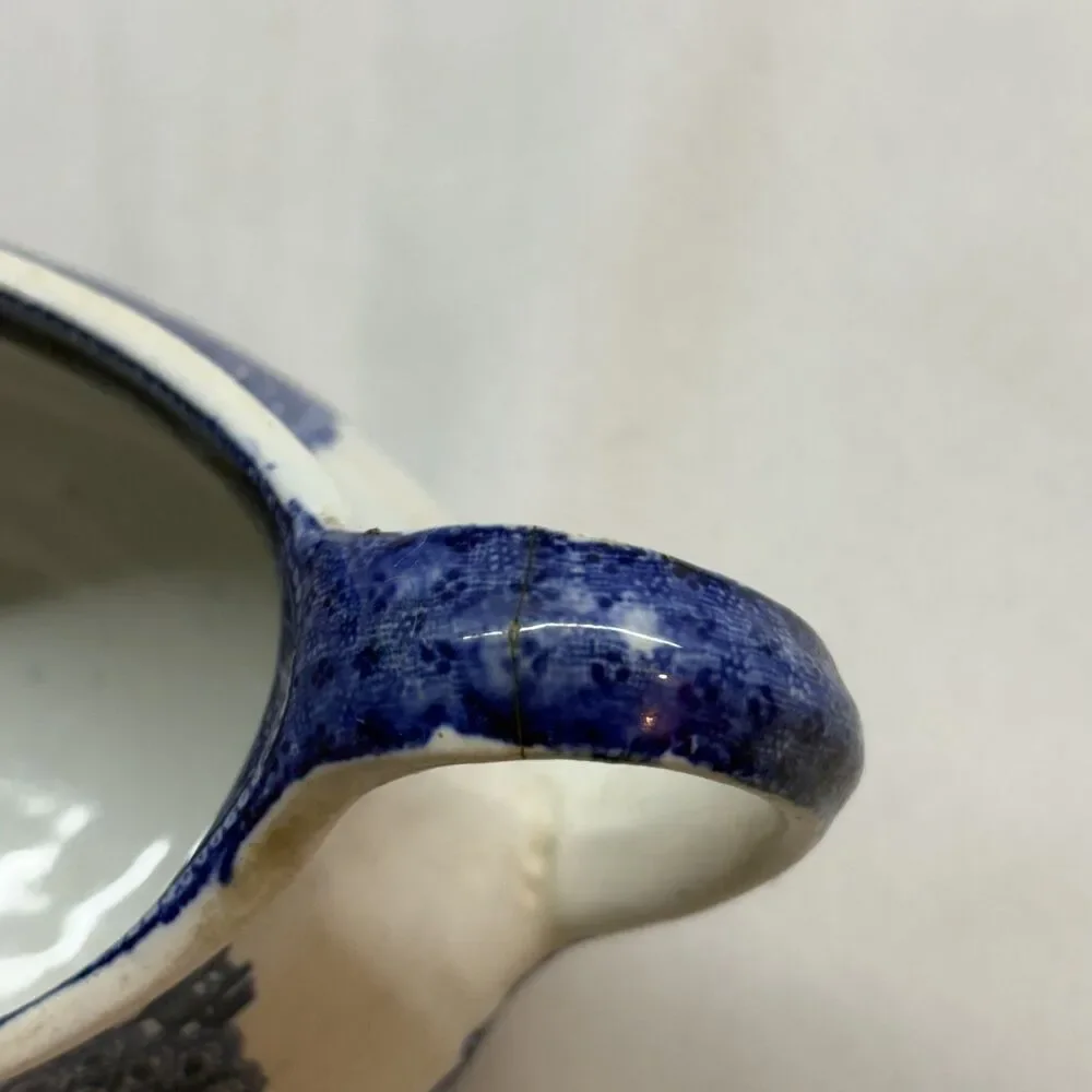 Vintage Blue Willow Gravy Boat Staffordshire England Blue Transferware read